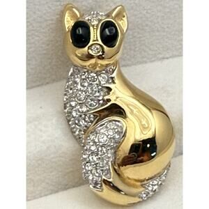 Vintage C. D’Orlan Cat Brooch – Gold Tone, Black Eyes, Rhinestone Accents